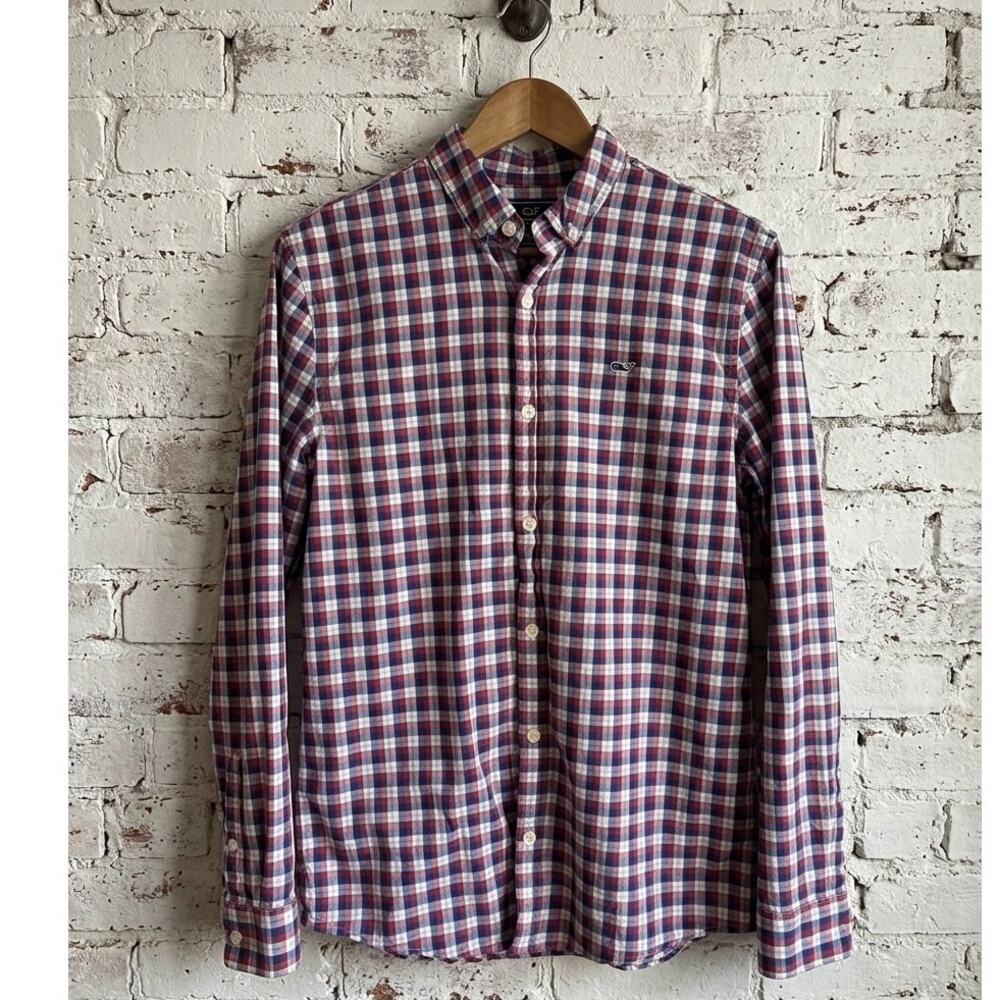 VINEYARD VINES Whale Shirt Plaid Button Down Long Sleeve Gingham Red Blue boys